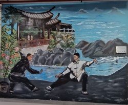 在大牌 333 牛车水路 (Kreta Ayer Rd)  有  Belinda Low   的通通人都在功夫格斗 Everybody is Kung Fu fighting 壁画。