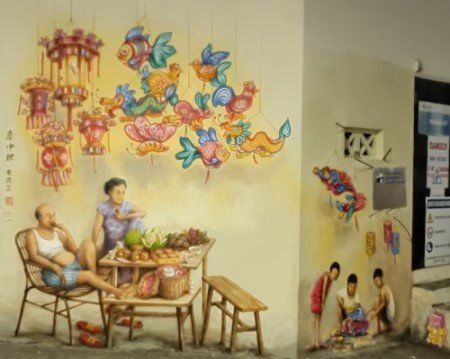 Wall Mural of Mid Autumn Festival by Yip Yew Chong in alley connecting Temple St and Pagoda St.