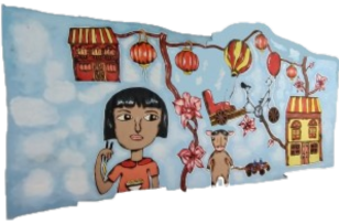 Poh Shu Min, Png Hui Min, Hafizah Bte Khalid 和 Sarah Chee En Ning 的:我眼中的牛车水 (The Way I See Chinatown) 壁画。