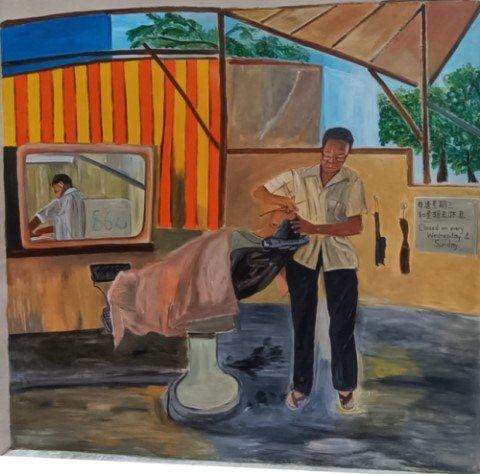 The Barber of Aliwal Street mural by Belinda Low in 2024 at Blk 531 Hong Lim Complex.