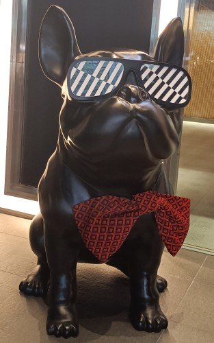 Bulldog wearing sunglasses and bow tie at Pullman Singapore Orchard at 270 Orchard Rd.