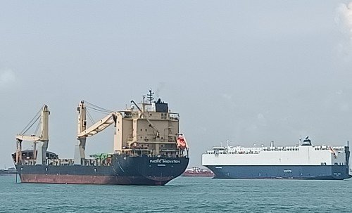 Ships at Shangri-La Rasa Sentosa's waterfront.